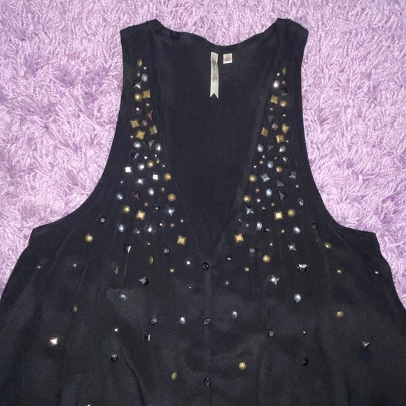 S Anthropologie Sheer Black Studded Asymmetrical Flowy Piano Tank Blouse - Picture 4 of 8